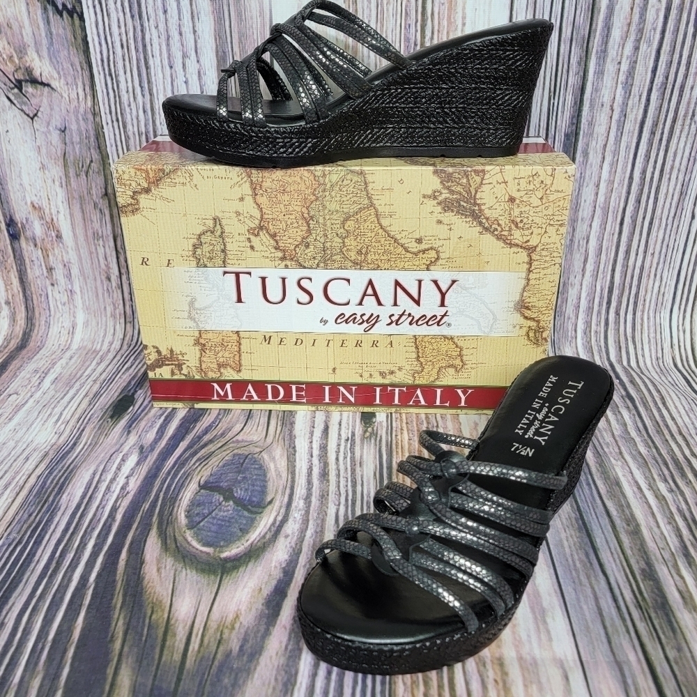 Tuscany by Easy Street Luciana Wedge Sandals Women Size 7.5N Black Metallic New